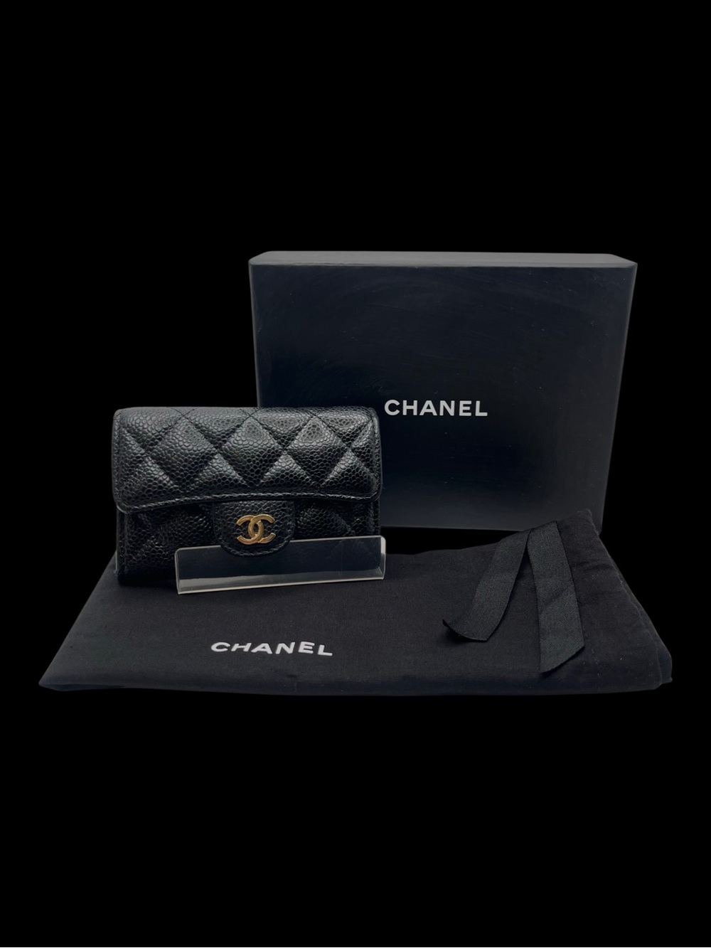 CHANEL Classic Flap Card Holder Business Card Case Caviar Black Auth